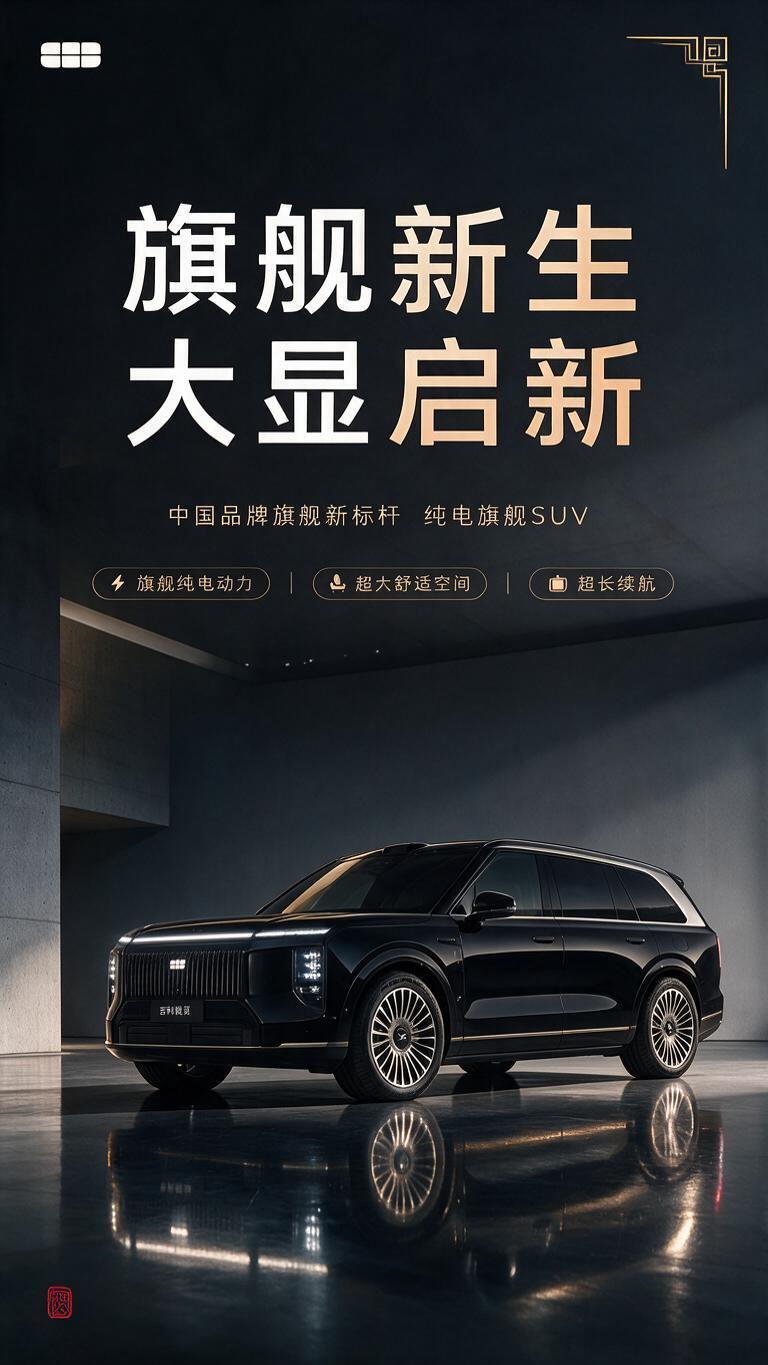 竖版商业宣传海报，基于参考图中的吉利银河M9黑色新能源旗舰SU… - 图片创意预览