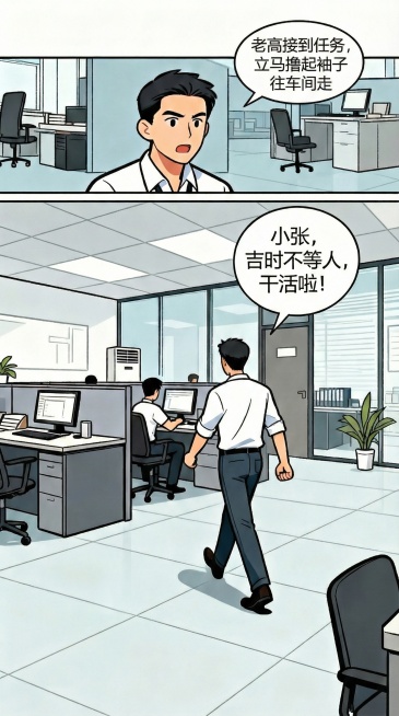 第二张图，把文字：老高撸起袖子车间 改成：老高接到任务，立马撸起袖子往车间走。其他内容不动预览效果