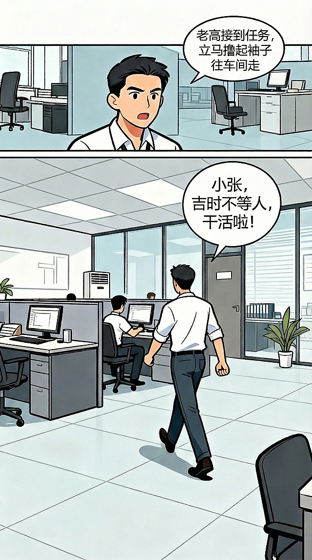 第二张图，把文字：老高撸起袖子车间 改成：老高接到任务，立马撸起袖子往车间走。其他内容不动