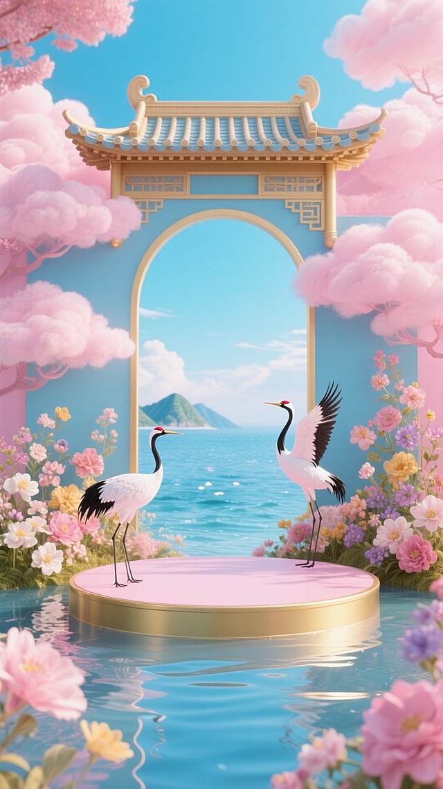 以蓝粉为主色调的国风 3D 场景，画面中有中式拱门（带有国风建筑元素），拱门周围环绕着粉色云朵、各色花朵、仙鹤，前景是水面上的圆形展台，背景是山水海景，整体风格清新雅致，充满国风与梦幻氛围。