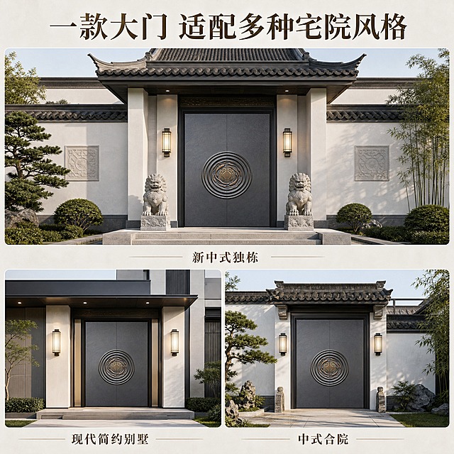 [主图-4] 臻尚铂门 如鱼得水九鱼款全铝别墅大门 多场景适配展示
[统一基调] 新中式高端质感 稳重大气 专业靠谱 深灰古铜配色 衬线粗体标题 简洁不花哨
[画面] 三宫格场景拼图 展示同一款大门在不同别墅场景中的效果 上方大场景 新中式独栋别墅正门 大门居中 白墙灰瓦 两侧石狮子 气派庄重 左下场景 现代简约别墅入户 大门搭配极简建筑 高级感十足 右下场景 中式合院内门 大门搭配青瓦白墙 古韵悠长 三个场景均为臻尚铂门如鱼得水九鱼款全铝别墅大门 外观保持一致
[光影质感] 建筑摄影质感 每个场景自然光不同 但大门材质表现统一 真实自然融入各场景
[配色] 各场景主色调不同但大门统一深灰古铜 文字古铜金色 背景浅米灰
[文字版式] 顶部大标题 一款大门 适配多种宅院风格 三宫格每格下方分别标注 新中式独栋 现代简约别墅 中式合院 文字放在顶部和每格下方 不遮挡大门主体 标题最大 场景标注缩小60% 统一宋体粗体
[输出要求] 1:1正方形 2048x2048 文字清晰可读 产品清晰不变形 无错字 无水印 无平台logo 无杂乱元素