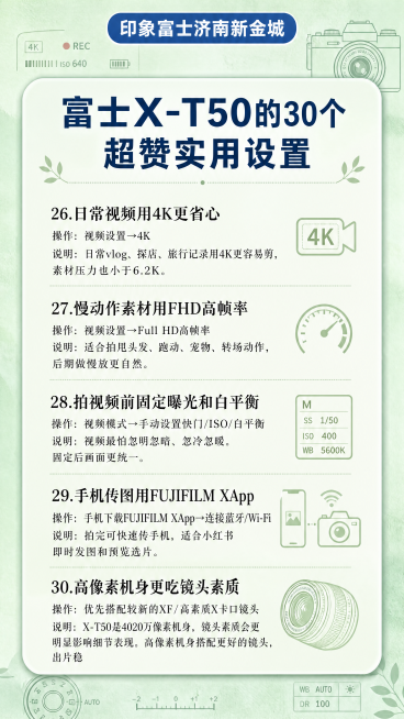 竖版，莫兰迪薄荷浅绿渐变圆角卡片版式，页面最上方蓝底白字圆角标题栏"印象富士济南新金城"，卡片大标题深蓝色粗体："富士X-T50的30个超赞实用设置"，正文分5段黑色宋体科普文字，依次录入：26.日常预览效果