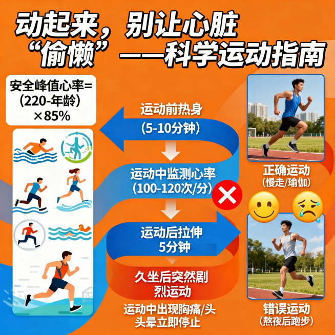 科普宣传图，标题为「动起来，别让心脏“偷懒”——科学运动指南」。图片主题：用流程图+场景图指导心脏安全运动。画面左侧展示运动强度计算公式"安全峰值心率=（220-年龄）×85%"，搭配跑步、游泳等中等预览效果