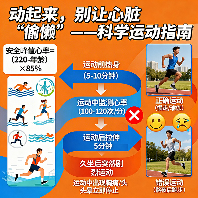 科普宣传图，标题为「动起来，别让心脏“偷懒”——科学运动指南」。图片主题：用流程图+场景图指导心脏安全运动。画面左侧展示运动强度计算公式"安全峰值心率=（220-年龄）×85%"，搭配跑步、游泳等中等强度运动图标；画面中间是流程图，展示流程：运动前热身（5-10分钟）→运动中监测心率（100-120次/分）→运动后拉伸（5分钟），用红色叉号标注禁忌："久坐后突然剧烈运动"，同时提示"运动中出现胸痛/头晕立即停止"；画面右侧是场景对比图，分别展示"正确运动（慢走/瑜伽）"搭配笑脸表情、"错误运动（熬夜后跑步）"搭配哭脸表情。设计风格：活力橙色蓝色为主，用动态箭头模拟运动流程，场景图采用对比布局，突出科学运动的重要性。