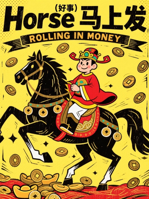 《茶杯头》画风，男生（财神服装），骑乘装饰铜钱元素的马，顶部标题 “Horse 马上发”在Horse顶部小字注解“好事”，底部复古的横幅 “ROLLING IN MONEY” ，氛围喜庆且具潮流感，黑预览效果