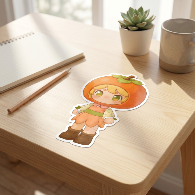 将这个柿子拟人卡通形象放在贴纸样机上，展示在明亮干净的书桌上，实拍效果图，自然光线，整体清晰明亮预览效果