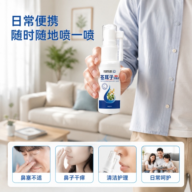 [主图-4]苍耳子抑菌液使用场景展示图
[氛围风格] 日常居家真实舒适风格
[画质] 商业摄影质感、光线柔和通透、产品清晰真实、画面干净高级
[元素] 成年男性站立于居家客厅沙发旁，手持苍耳子抑菌液喷预览效果