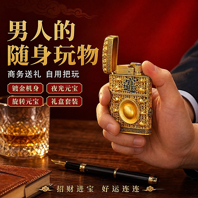 [主图-4] 使用场景 男士商务送礼把玩 生活方式代入
[统一基调] 拼多多1:1主图 红金国潮轻奢风 背景深红渐变带暗纹祥云 主标题金色粗宋大字 副标题白色 卖点标签红底金边 字体统一粗宋+黑体 无官方旗舰店字样 无平台Logo
[画面] 真实桌面场景 深色实木办公桌 打火机立放在桌面 旁边有一支钢笔 一本皮质笔记本 一杯威士忌 营造商务男士桌面氛围 一只穿着深色西装的男性右手正拿起打火机 拇指放在开盖处 做出准备点火动作 产品占画面50% 场景自然不杂乱
[光影质感] 暖调室内光 桌面有柔和反光 金属打火机在环境光下呈现真实金色质感 手部光影自然 整体氛围高端商务
[配色] 场景深棕木色为主 产品金色突出 背景深红渐变过渡 文字金色白色
[文字版式] 左上角大标题 男人的随身玩物 下方副标题 商务送礼 自用把玩 底部小字 招财进宝 好运连连 文字放在左上和底部负空间
[输出要求] 1:1正方形 2048px 场景真实 产品融入自然 手部正常无畸形 无水印 无错字 无官方旗舰店字样 无平台Logo
