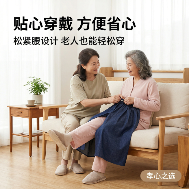 中年亚洲面孔女儿（身着浅卡其色休闲服）正在帮60岁左右的妈妈（身着浅粉色家居服）穿戴深蓝色隔尿裤裙（裙长70cm，比例适中无过长，裤裙外观与提供的原图完全一致），两人面带微笑，氛围温馨；背景为原木风温预览效果