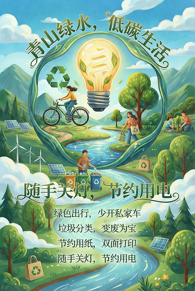 两个随手关灯，节约用电改为青山绿水，低碳生活。一水多用，循环利用改为随手关灯，节约用电
