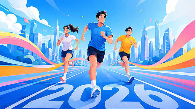 16:9横版运动宣传海报，扁平矢量插画风格，主色调为清新渐变蓝色，搭配粉橙黄动感飘带线条；画面中有三位向前奔跑的年轻人，跑道上印有“2026”字样，背景是城市天际线和卡通云朵；整体风格清新明亮，充满青春活力，无文字、无水印、高分辨率、干净的商业设计