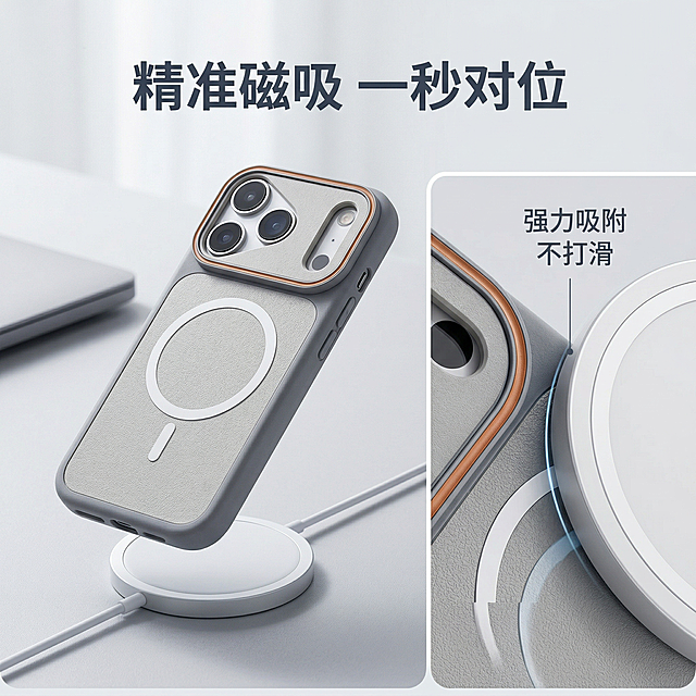 [垫图] https://gdesign-dam-hz.dancf.com/35974063376552025/92cdbf5ca59a441db0c9509e6f896d6e.jpg
[主图主题] 磁吸充电场景体验展示
[氛围/风格] 简约科技场景，真实使用体验
[画面元素] 拼图构图，左侧展示手机壳放置于磁吸充电器上的完整使用场景，右侧特写磁吸吸附的细节部分，桌面为干净的浅灰色桌面，背景简洁无杂物，光影自然柔和，体现磁吸秒吸的使用体验
[配色色系] 主色调：浅灰高级质感，辅助色：充电器白色点缀
[视角构图] 左大场景右细节特写，光影统一自然
[文字版式] 顶部主标题 "精准磁吸 一秒对位"，文字悬浮于顶部留白处，右侧细节图标注 "强力吸附 不打滑"，字体均为无衬线深灰色，大小对比清晰，不遮挡核心展示区域
[比例分辨率] 2k分辨率