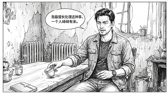 基于第一张图的便衣警官陈峰，绘制他在破旧出租屋的桌子旁放下茶杯开口说话的分镜，台词气泡写："我最擅长处理这种事，一个人绰绰有余。"，整体风格完全匹配第二张图的精细铅笔素描漫画分镜风格，保留人物穿牛仔夹克牛仔裤的造型，神态沉稳，场景在破旧出租屋内