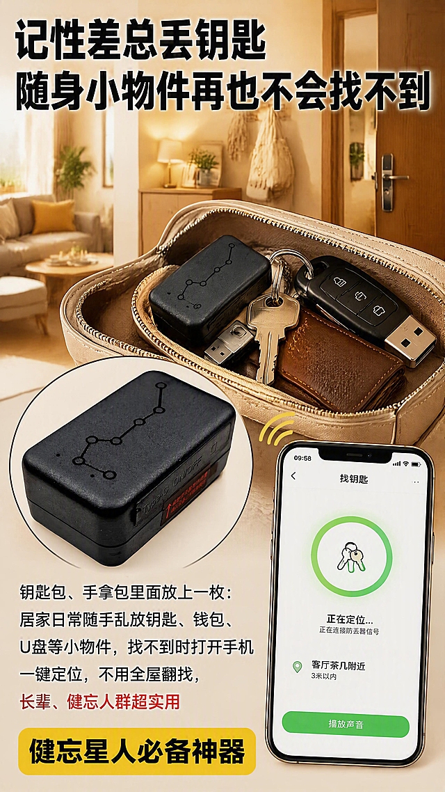 拼多多风格电商详情页第十张，场景4家门钥匙随身小件防丢，9:16竖版。本张使用【图1】黑色磨砂长方形迷你定位防丢器作为产品展示，产品外观与输入图一致。背景为居家客厅/玄关场景，温馨暖色调。顶部大标题："记性差总丢钥匙 随身小物件再也不会找不到"，黑色粗体大字。画面中部展示钥匙包、手拿包打开的样子，里面放着防丢器和钥匙、U盘、钱包等小物件，防丢器特写放大。下方文字说明："钥匙包、手拿包里面放上一枚：居家日常随手乱放钥匙、钱包、U盘等小物件，找不到时打开手机一键定位，不用全屋翻找，长辈、健忘人群超实用"。底部黄色标签："健忘星人必备神器"。右侧配手机一键定位找钥匙的界面示意图。整体场景生活化，痛点明确，拼多多风格。
