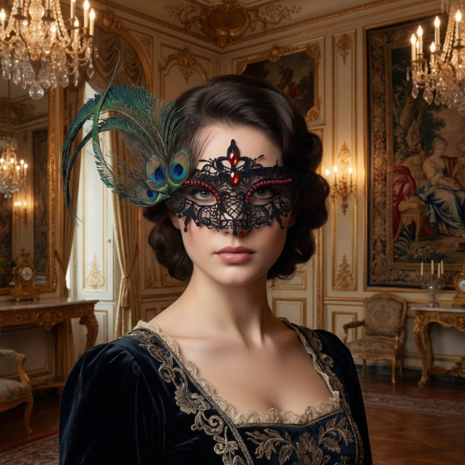 欧美年轻美女模特，正面佩戴黑色蕾丝孔雀羽毛假面面具，面具带有红色水钻装饰，搭配优雅低奢复古礼服，优雅宫廷风展示场景，人物正面半身姿势清晰展示面具细节，高级写真风格，高清精致画质预览效果