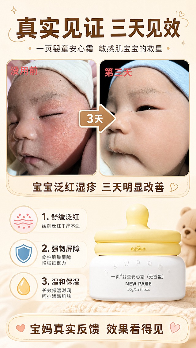 一页婴童安心霜真实对比功效海报，竖版，暖米色母婴温馨风格。顶部大标题「真实见证 三天见效」暖棕色粗体大字，副标题「一页婴童安心霜 敏感肌宝宝的救星」。画面上半部分左右并排两张宝宝脸部真实对比照片，照片原样保留：左侧是「没用前」宝宝脸部泛红干燥有红疹的照片，左上角红色文字「没用前」；右侧是「第三天」宝宝脸部光滑好转的照片，左上角红色文字「第三天」。两张对比图中间有一个大大的箭头指向右侧，箭头上写「3天」。对比图下方有文字说明「宝宝泛红湿疹 三天明显改善」。画面下半部分右侧放一瓶一页婴童安心霜产品图（奶黄色圆顶瓶盖+白色瓶身，瓶身有一页婴童安心霜和NEW PAGE字样）。左侧列出3个功效图标：1. 舒缓泛红 2. 强韧屏障 3. 温和保湿。底部有文字「宝妈真实反馈 效果看得见」。整体风格温馨治愈，暖米色调，母婴护肤风格，对比图是核心视觉重点，突出效果反差，电商海报品质，文字清晰