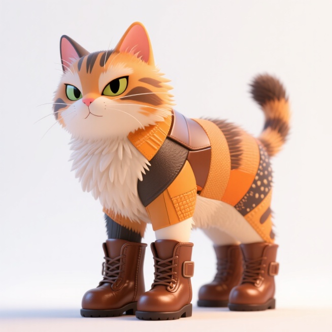 一只穿着棕色皮靴的卡通猫咪，站姿挺拔，眼神锐利，毛发蓬松有光泽，背景为简洁的白色预览效果