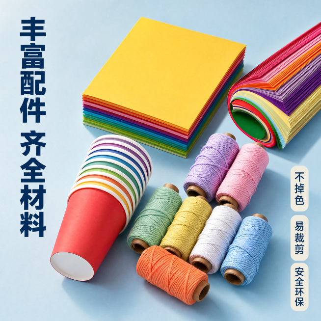 [主图-3] 材料细节展示主图，突出丰富材质与高品质。[氛围风格] 真实质感ins风；[画质] 商业摄影质感、光线柔和通透、产品清晰真实、画面干净高级。[元素] 中心展示叠放的彩色手工纸、堆叠的彩色纸预览效果