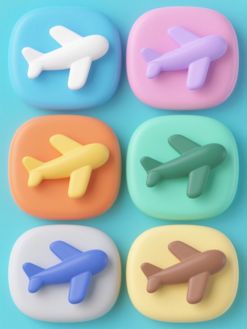 六个软3D风格飞机图标规整排列的系列素材集合，每个图标保持相同的飞机轮廓形态和圆润光滑的软3D质感，分别采用六种完全不同的纯色背景与飞机主体配色组合——第一组为天蓝色背景配白色飞机，第二组为粉色背景配浅紫色飞机，第三组为橙色背景配深黄色飞机，第四组为浅绿色背景配深绿色飞机，第五组为浅灰色背景配深蓝色飞机，第六组为淡黄色背景配棕色飞机，所有图标均居中对称排布，整体呈现简洁明快的设计感。预览效果