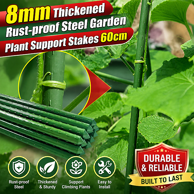 Main product image for cross-border e-commerce, 800X800, non-white background, highlight English text "8mm Thickened Rust-proof Steel Garden Plant Support Stakes 60cm", maintain the original product, use slice effect design, highlight the product of gardening support stakes for climbing plants, keep product complete and unchanged