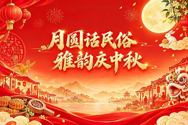 参考此图的颜色和明亮度（中国红+金黄，明亮喜庆），画面风格全新设计，横版310x210cm（3:2比例）。主标题"月圆话民俗 雅韵庆中秋"，金色立体书法艺术字（与参考图同款字体风格），居中排列。画面融入传统民俗元素：剪纸窗花、糖画、花灯、月饼模具、舞狮、传统市集摊位剪影等，体现民俗雅韵；中秋元素为主：大圆月、玉兔、桂花、月饼、灯笼；国庆元素少许：红绸带、金色烟花少量点缀。整体画面留白充分，元素少而精，不拥挤，喜庆雅致。专业的活动背景设计风格，高清输出