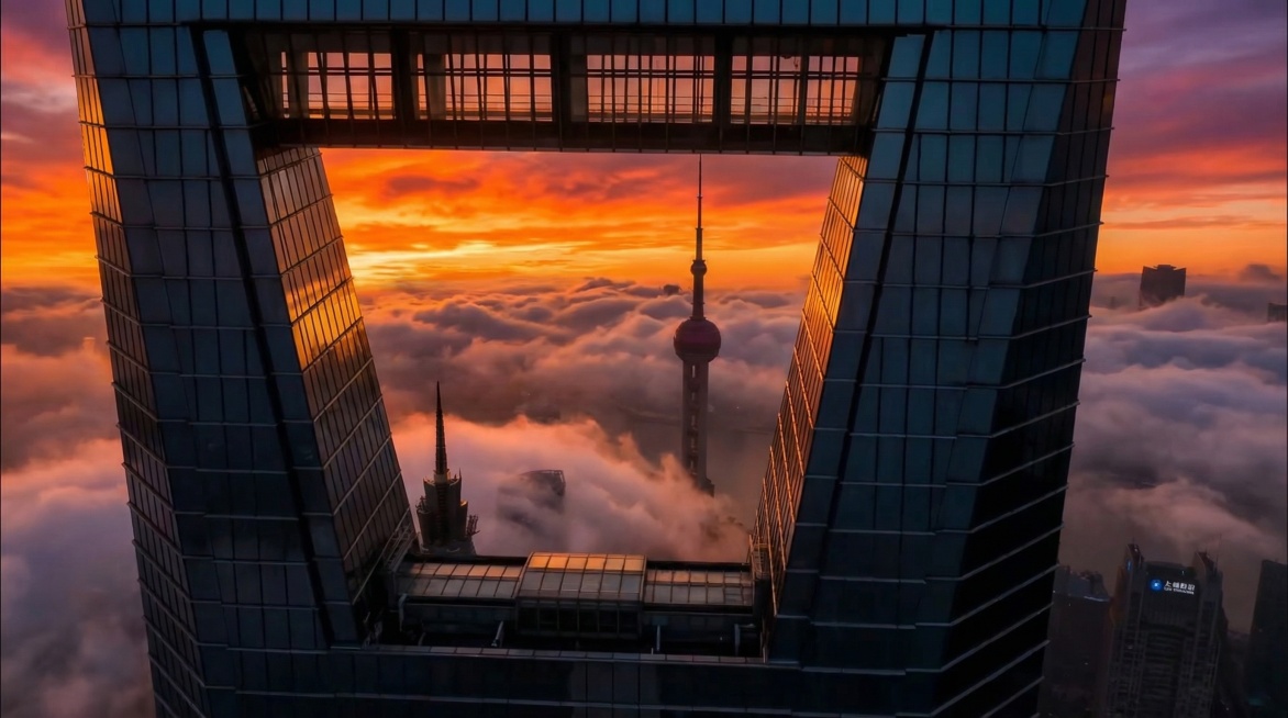核心描述： 电影级无人机镜头，透过上海环球金融中心顶部的梯形风洞拍摄，完美框构出远处的东方明珠塔。
环境与动态： 城市下方是翻腾的云海，云雾在风洞口缓缓流动。
光影与色彩： 燃烧般的火红日落，天空呈现预览效果