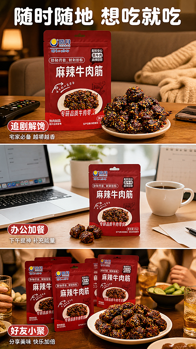 [第5张] 详情页场景种草-皓月麻辣牛肉筋三大食用场景竖拼。本张使用【图4】包装图和【图1】牛肉粒图融入各场景。
[氛围/风格] 生活场景种草风，真实自然有代入感，商业摄影质感，轻松治愈。
[元素布局] 画面分为上中下三段竖拼：上段「追剧解馋」——沙发茶几场景，放着一袋牛肉筋+倒出的牛肉粒，旁边有遥控器和手机，暖黄灯光，占画面约33%；中段「办公加餐」——办公桌场景，电脑旁放着牛肉筋小袋+几颗牛肉粒，旁边有咖啡杯，自然光，占画面约33%；下段「好友小聚」——餐桌场景，几袋牛肉筋+一盘牛肉粒，旁边有饮料杯，聚会氛围，占画面约34%；每段左下角有场景标签；包装和牛肉外观与输入图一致。
[光影质感] 各段独立光影，上段暖黄温馨，中段明亮自然光，下段暖光聚会感，整体统一暖调。
[配色色系] 全局底色统一暖调；上段米灰沙发+暖黄；中段木色桌面+白；下段深木餐桌+暖橙。
[视角构图] 三段竖拼构图，每段独立场景，阅读动线上到下依次浏览三个场景，顶部有总标题。
[文字版式] 顶部总标题「随时随地 想吃就吃」，圆角黑体粗字，白色叠加在最上段顶部；每段左下角场景标签胶囊：「追剧解馋」「办公加餐」「好友小聚」，红底白字；标签旁小字说明如「宅家必备 越嚼越香」「下午提神 补充能量」「分享美味 快乐加倍」；文字清晰不遮挡主体。
[比例分辨率] 9:16 竖版比例，4K分辨率，文字清晰可辨，高清画质。
[负向提示词] 包装变形，牛肉颜色偏差，场景不真实，水印，文字模糊，各段比例失调。