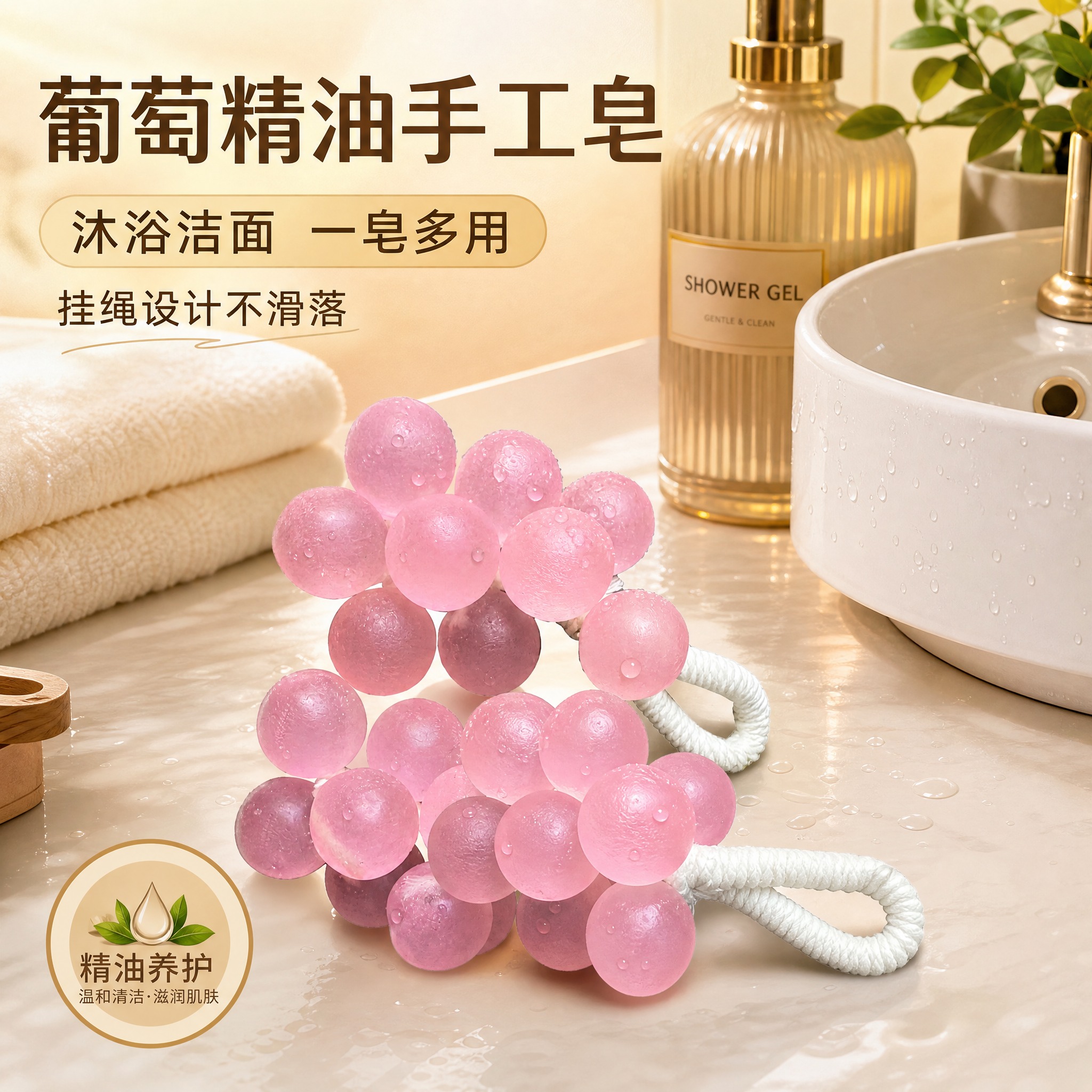 将图1中的两串粉色葡萄造型手工皂制作成抖音电商主图（场景使用风… - 图片创意预览