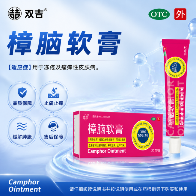 参考图片4的蓝色系高科技医药电商海报风格，生成1:1比例的樟脑软膏海报，遵循图4的排版、字体和配色风格：
1. 顶部：左侧放置图2双吉logo，右侧放置图3绿色OTC标识和红色"外"字标识
2. 主标预览效果
