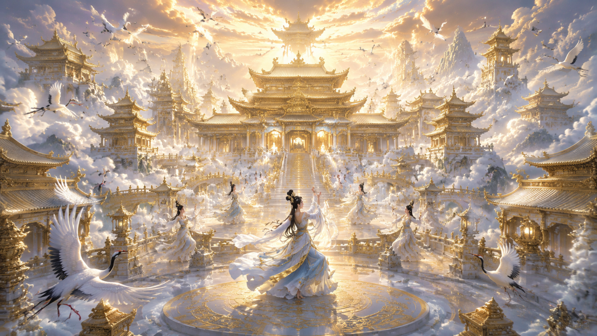 云巅鎏金仙殿盛景，国风仙侠史诗画面，层次纵深空间，仙气空灵兼具雅致气韵，对称透视视角，巨型主殿居于画面中心，殿宇飞檐鎏金覆瓦，楼阁错落连绵盘踞云海之上，殿前宽阔玉台，身姿飘逸的仙娥舒展衣袖翩翩起舞，成预览效果