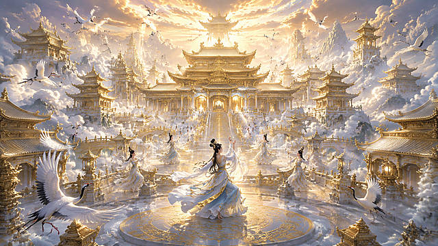 云巅鎏金仙殿盛景，国风仙侠史诗画面，层次纵深空间，仙气空灵兼具雅致气韵，对称透视视角，巨型主殿居于画面中心，殿宇飞檐鎏金覆瓦，楼阁错落连绵盘踞云海之上，殿前宽阔玉台，身姿飘逸的仙娥舒展衣袖翩翩起舞，成群仙鹤环绕殿宇盘旋飞舞，漫卷白云萦绕殿身，远山隐于云雾深处，暖金霞光穿透云层倾泻而下，柔光铺满整片仙域，殿体金光温润，流云泛着浅冷柔光，冷暖光影交融，建筑雕纹、衣袂褶皱、羽翼纹理刻画细腻，水面云影倒影层次丰富，中式古典仙侠美学，极繁构图，UE5极致渲染，电影级光影景深，HDR超清质感，8K，无西式建筑、现代物件、畸形形体、模糊失真、杂乱色彩、画面断层