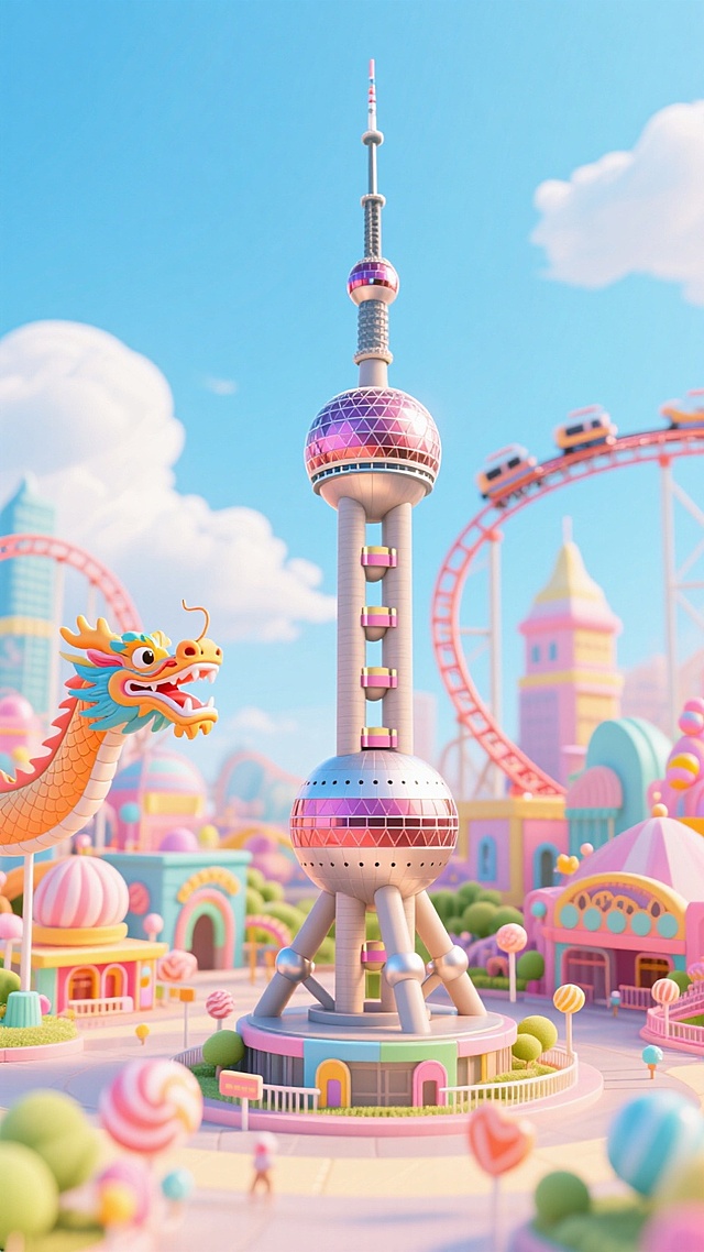 梦幻软3D风，超现实主义卡通城市，东方明珠塔与龙元素结合，色彩斑斓，童话般欢乐氛围。