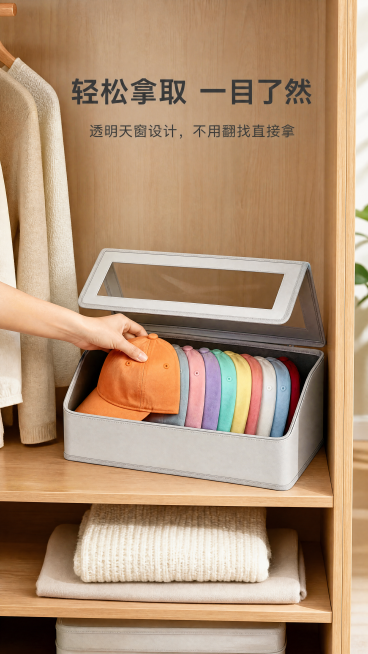 [第7屏] 真人操作演示，展示打开收纳盒拿取帽子的使用过程。本屏使用【图1】作为产品主体，保留产品结构和颜色与原图一致。
[氛围/风格] 真实生活化场景，浅木色卧室背景，自然温馨，动作清晰。
[元素布预览效果
