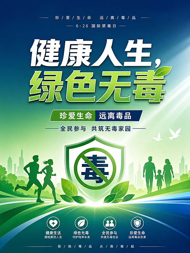 公益禁毒宣传海报，主题为"健康人生，绿色无毒"，正面积极宣传禁毒理念，设计风格简洁大方，采用绿色和深蓝色渐变背景，搭配禁毒标语文字，整体干净庄重，3:4比例