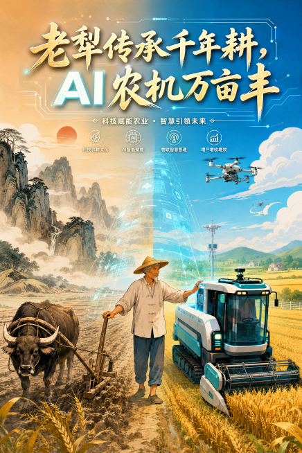 在海报中添加漂亮的文字"老犁传承千年耕，AI 农机万亩丰"，字体风格符合画面，突出AI赋能科技创新，科技助农的主题，丰富海报内容，输出高清8k画质，保持原海报画面不变，尺寸改为A3。预览效果