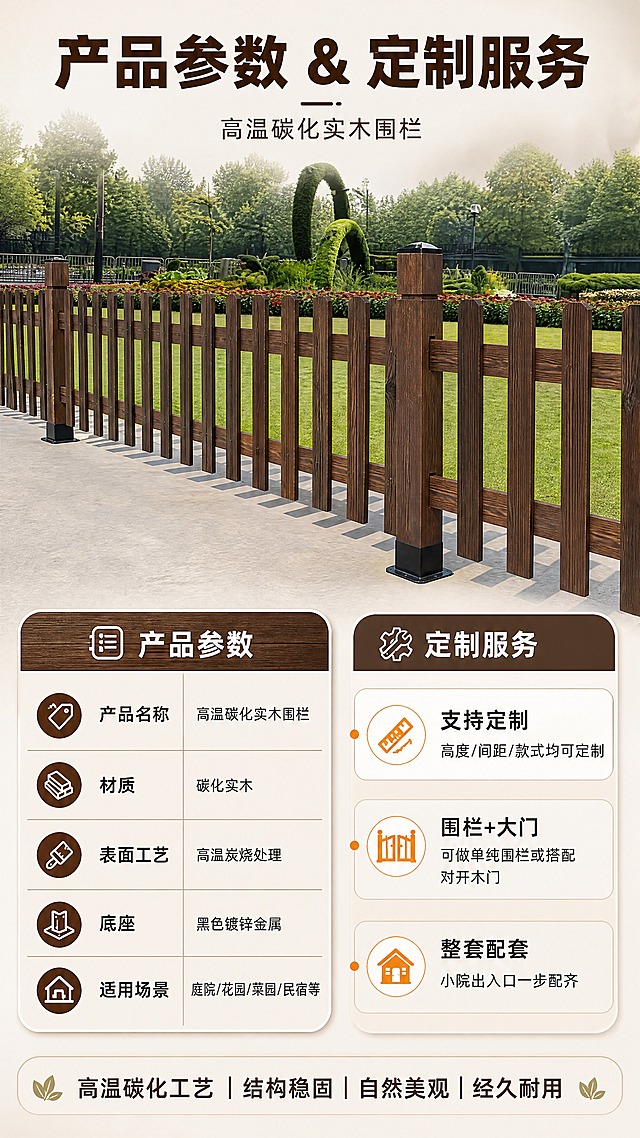 [商品] 使用【图1】高温碳化实木围栏整体展示；保留产品完整结构、深棕碳化木色、黑色金属底座；不改变产品外观。
[画面] 目标：产品信息与定制说明页，规格参数收口+定制服务说明。构图：上方围栏整体展示图占约40%，下方参数表格+定制说明区占约60%；左侧参数表，右侧定制服务说明。背景为浅米灰色渐变，简洁专业。
[视觉] 套系策略：风格=自然户外建材商业摄影；标题字=粗黑体厚重有力；正文字=简洁无衬线体；主色=深棕木色；背景延展=基于深棕木色搭配自然绿、暖米灰做场景层次，同色系深浅渐变信息卡；强调色=暖橙色，仅用于小面积图标、引线和标签；标题色=深棕/白色；正文色=深灰/米白；组件=圆角半透明信息卡、细线引线、图标徽章；光影=均匀明亮，信息清晰可读。
[文字] 顶部主标题"产品参数 & 定制服务"；参数表包含："产品名称"-高温碳化实木围栏、"材质"-碳化实木、"表面工艺"-高温炭烧处理、"底座"-黑色镀锌金属、"适用场景"-庭院/花园/菜园/民宿等；定制说明："支持定制"-高度/间距/款式均可定制、"围栏+大门"-可做单纯围栏或搭配对开木门、"整套配套"-小院出入口一步配齐。文字全部横排，手机端清晰可读。
[规格] 图片比例9:16竖版，4K，避免变形、错字、文字过小、冷蓝灰背景、产品颜色改变、极限词。