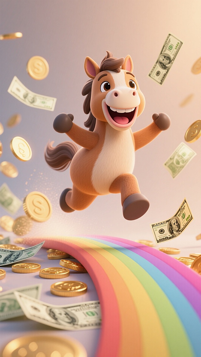 软3D风格的拟人小马在彩虹上跳跃，金币与美元飞舞，充满可爱与梦幻感，粒子光效点缀，传递节日喜悦与财富祝福。