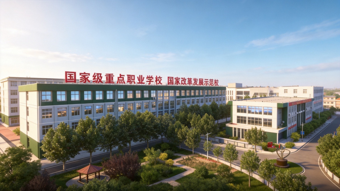 现代职业学校校园建筑效果图，航拍视角，保留原图中 “国家级重点职业学校 国家改革发展示范校” 字样的教学楼、右侧躬行楼与校园绿化，建筑整体为深绿色点缀白颜色，外立面干净整洁，大面积窗户带有玻璃反光效果预览效果