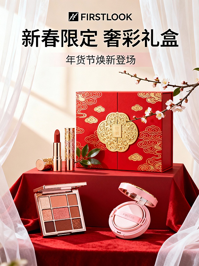 FIRSTLOOK品牌新春彩妆礼盒（含红金雕花礼盒、口红、正方形眼影盘、气垫）；场景设定：铺红布的展示台+白色纱帘背景；风格参考：高端新年彩妆礼盒海报；色彩色调：正红+烫金+浅粉；构图视角：竖版中心构图；附加细节：点缀腊梅枝叶装饰，礼盒印金色祥云纹样，光线柔和高级，适配年货节彩妆推广。