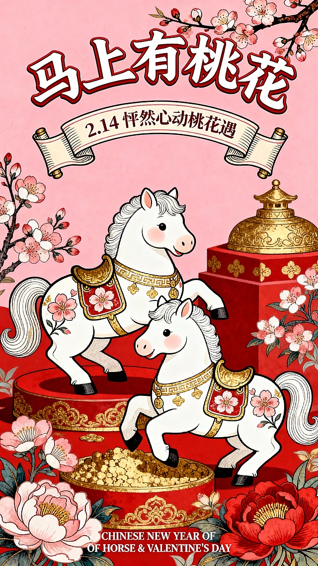 以2只胖嘟嘟的白色 唐代小马驹 玩耍的形象作为视觉中心（装饰桃花纹路的金纹和中式马鞍），强动态感构图，搭配桃花、花卉装饰元素。顶部结合桃花枝设计”马上有桃花“的弯曲变形字标题+卷轴样式线框的文案"2.14 怦然心动桃花遇，"底部设精致的小字 “CHINESE NEW YEAR OF HORSE & VALENTINE'S DAY" 。色彩以红、金为主，粉色背景。