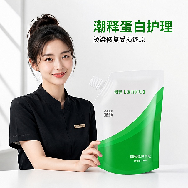 [主图-1] 潮释蛋白护理发膜品牌调性首图。[氛围风格] 纯净专业美发产品风格，高级简约科技感。[画质] 商业摄影质感，光线柔和通透，产品清晰真实，画面干净高级。[元素] 潮释蛋白护理发膜包装袋居中展示，产品放置在简约白色静物台上；左侧放置一位年轻亚洲女发型师，穿简约黑色美发工作服，自然微笑展示产品，不遮挡产品主体。左上角保留原品牌名称"潮释"，保持产品外观物理结构材质质感颜色与输入产品图绝对一致，杜绝变形色差，精细化处理。商品主体占比约65%。画面满屏无边框。[光影] 左侧自然窗光作主光源，柔光箱补光，整体亮调通透，突出产品包装的绿白渐变质感，阴影柔和不生硬，高光不溢出。[配色] 纯白色背景，主文字绿色黑色，与产品包装配色一致。[视角构图] 平视45度斜角拍摄，景深适中，产品与模特为视觉中心，轮廓完整不裁切。[文字版式] 右上角负空间左对齐主标题"潮释蛋白护理"，绿色大号粗体无衬线；下方副标题"烫染修复受损还原"，黑色小号同字体。文字清晰不遮挡主体。[输出要求] 1:1比例，文字清晰可辨，超高清商业摄影质感。[负向提示词] 变形，文字错乱，产品图模糊，背景杂乱，水印，电商平台Logo，绝对化违禁词。