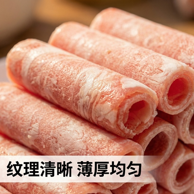 [主图 3] 细节纹理特写展示
[氛围/风格] 微距特写风格，突出肉质纹理质感，新鲜诱人。
[画面元素] 保持原图羊肉卷的外观，放大聚焦羊肉卷的脂肪与瘦肉纹理，自然暖阳逆光打在羊肉卷上，突出油脂的通透预览效果