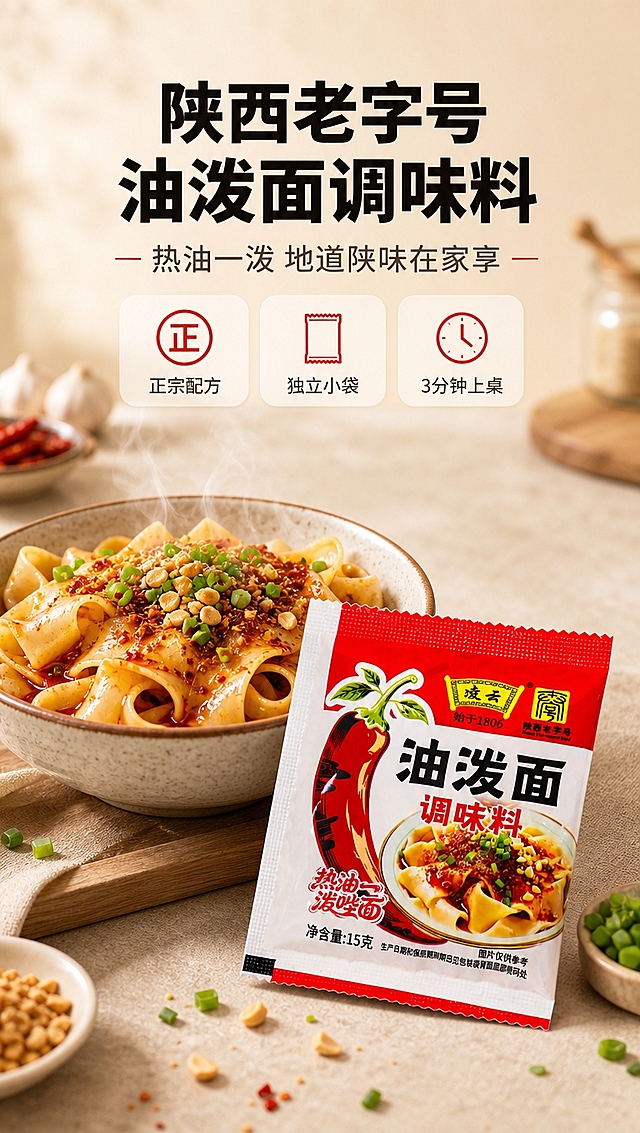 [商品] 使用【图1】凌云油泼面调味料小袋装；保留红色包装、黄色凌云Logo、"陕西老字号 始于1806"字样、"油泼面 调味料"黑色大字、红辣椒图案、"热油一泼咥面"字样、净含量15g文字及整体包装结构；清晰化包装文字，不改变颜色、比例和图案。
[画面] 目标：食欲氛围头图，突出陕西老字号正宗油泼面调味料。构图：上文下图，上方留白放标题，下方主体为一碗刚泼好的油泼宽面，热气升腾，旁边斜放一包凌云油泼面调味料；前景撒少许葱花和花生碎，中景是油亮红亮的宽面碗，后景是浅米色厨房台面虚化；产品占画面约45%，面碗占画面约40%。阅读动线从上到下。
[视觉] 套系策略：风格=高级现代简约美食摄影；标题字=现代无衬线粗体（思源黑体Heavy）；正文字=简洁无衬线体（思源黑体Regular）；主色=暖米白+辣椒红点缀；背景延展=基于暖米白做深浅层级、同色渐变和细腻哑光纸面/石材质感；强调色=辣椒红，仅用于小面积图标、引线和标签；标题色=深炭黑；正文色=中暖灰；组件=圆角浅底信息卡、细线引线、极简icon；光影=左前侧45度暖柔光，柔和阴影，高光通透。
[文字] 上方居中主标题「陕西老字号 油泼面调味料」，副标题「热油一泼 地道陕味在家享」，下方配3个短卖点小图标：正宗配方 / 独立小袋 / 3分钟上桌；文字全部横向排版，不遮挡包装正面和面条主体。
[规格] 图片比例9:16竖版，4K分辨率，京东平台适配。负向：避免变形、错字、文字过小、冷蓝背景、包装文字错乱、虚假功效、极限词。