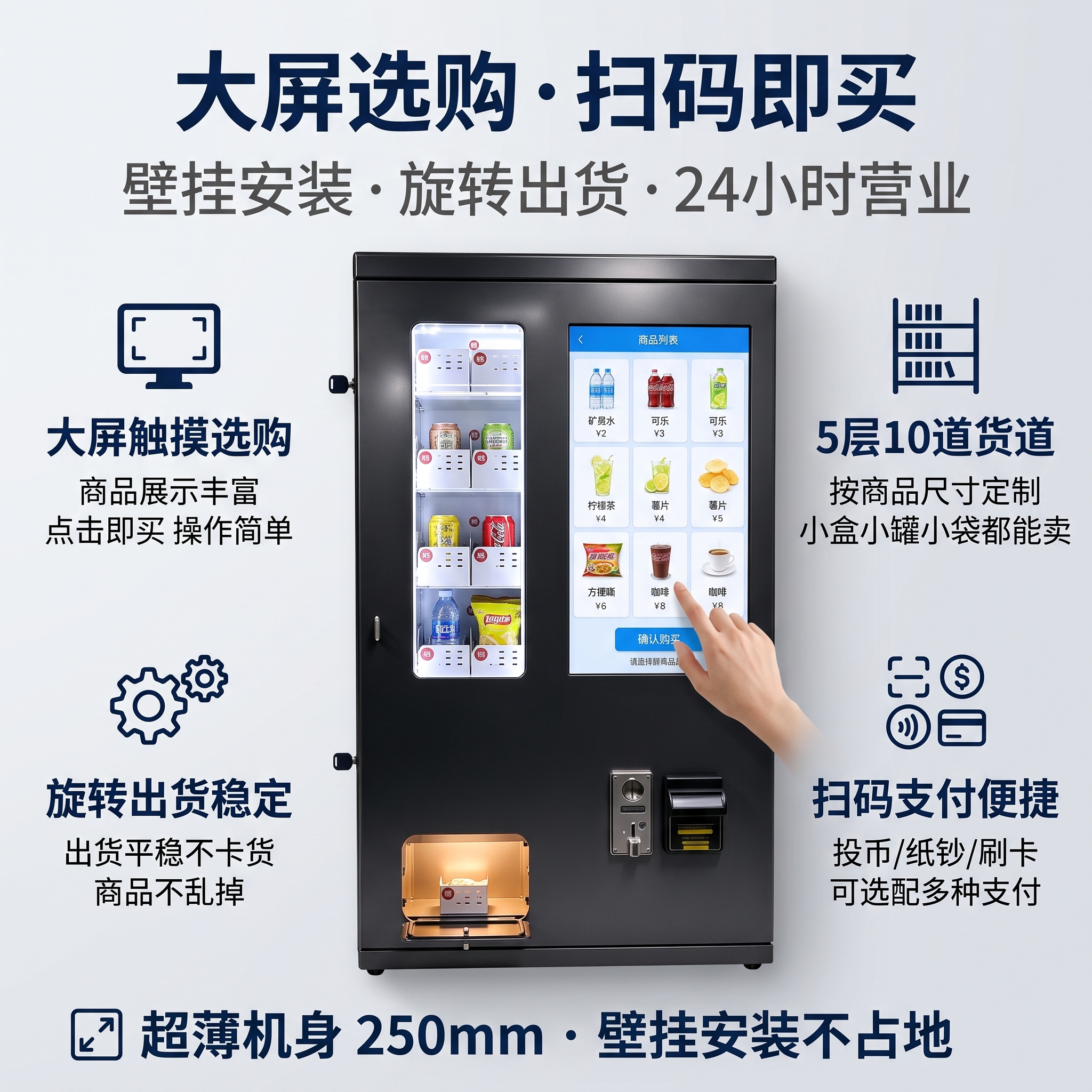 [主图-2] 壁挂式带屏售货机核心功能图，浅白/浅灰背景突出黑… - 图片创意预览