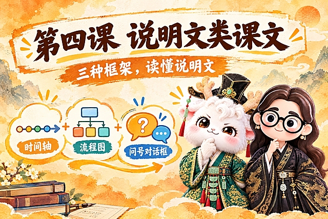 横版6寸比例的课程封面设计，大标题为"第四课 说明文类课文"，副标题为"三种框架，读懂说明文"，画面中央有时间轴、流程图、问号对话框三个卡通图标组合，右侧放置两个Q版国风IP形象：一个是摸下巴思考的白色毛绒瑞兽（穿绿色汉服戴官帽），另一个是戴黑框眼镜、穿黑色金龙纹汉服的卡通女孩，整体风格温暖知性，暖橙黄色水彩风背景，与费曼复述卡系列风格统一，排版大气美观，适合打印
