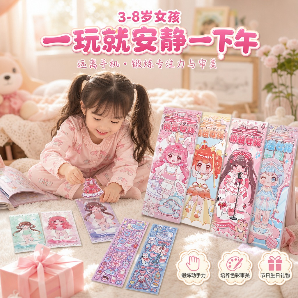 1:1正方形电商主图，场景送礼主题，3-8岁女孩，人物卡平铺桌… - 图片创意预览