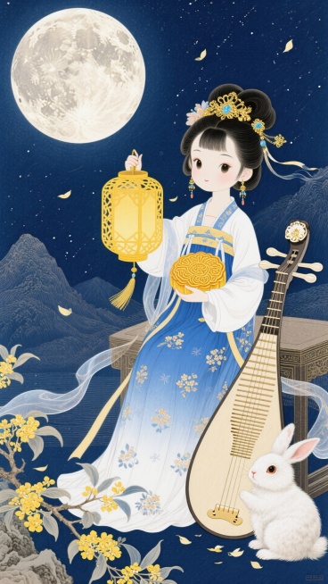 Q版古装少女（蓝白渐变桂花暗纹汉服、鎏金嵌玉发簪、流苏耳饰、暖黄色镂空宫灯）缕青丝发带，古琴古韵悠悠、绒毛蓬松玉兔（抱花纹金黄月饼），中景为有环形山细节的巨大满月，背景是深邃藏蓝色星空。点缀开满嫩黄花预览效果