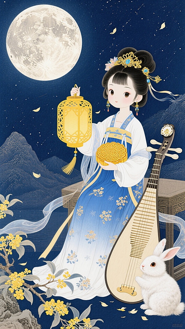 插画风结合工笔与轻拟物，古典中式意境中融入梦幻唯美元素，月下仕女持灯捧饼，琵琶伴兔，营造中秋佳节的优雅文艺氛围。