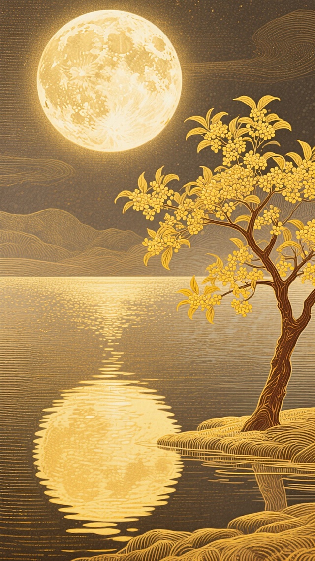 鎏金浮雕风月下桂树，工笔细腻勾勒静谧湖景，古典中式意境与唯美感交融，尽显优雅文艺韵味。