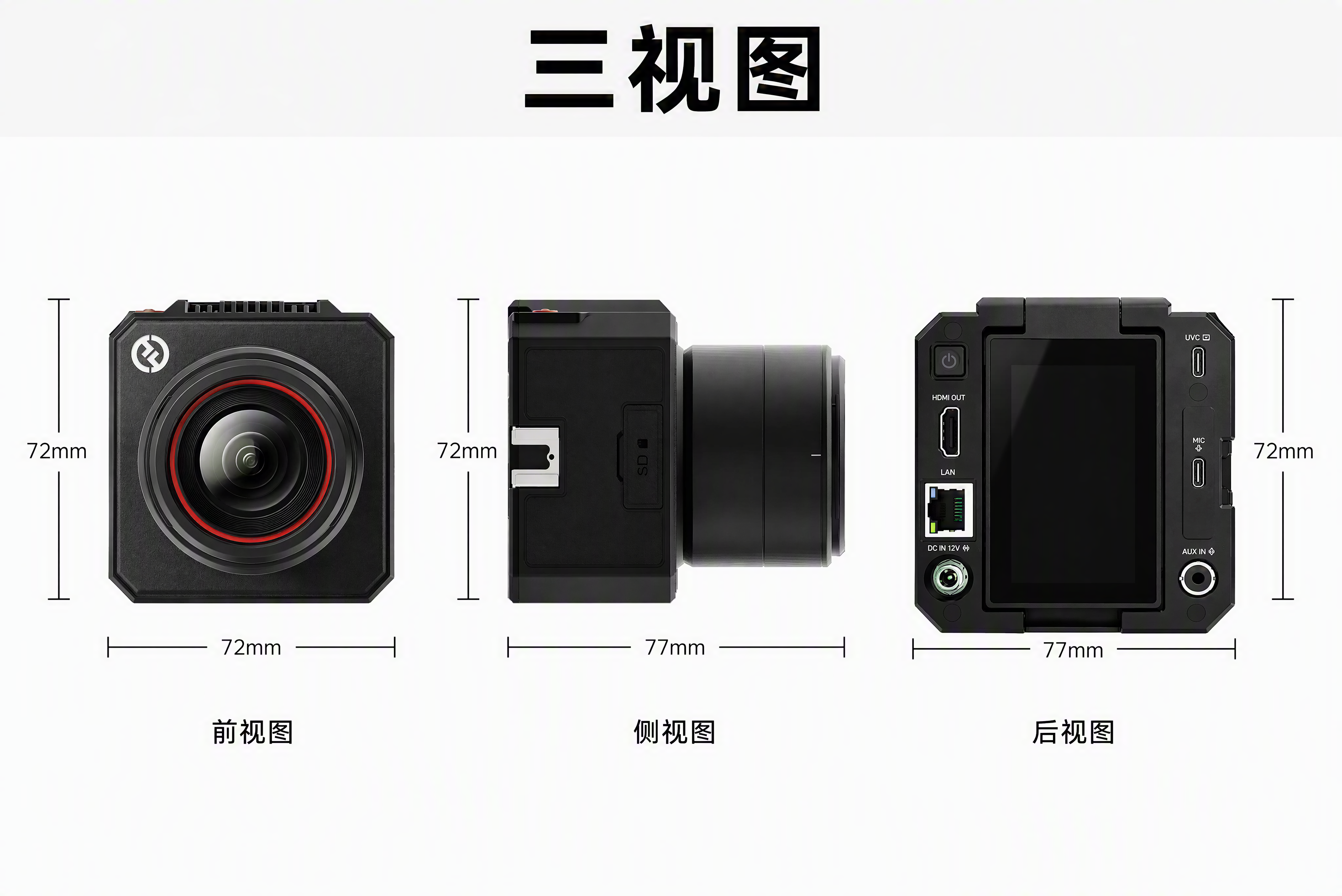 电商详情页产品三视图模块，黑色方形直播相机（带镜头红圈、顶部散… - 图片创意预览